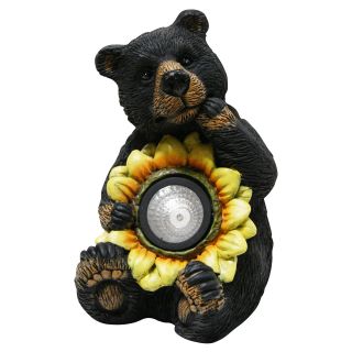 Alpine Black Bear with Solar Sunflower Garden Statue   Garden Statues