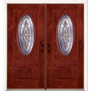 Feather River Doors 74 in. x 81.625 in. Silverdale Zinc 3/4 Oval Lite Stained Cherry Mahogany Fiberglass Double Prehung Front Door 712591 400