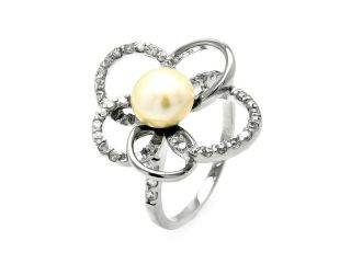 .925 Sterling Silver Rhodium Plated Pearl Center Clear Cubic Zirconia Flower Outline Ring