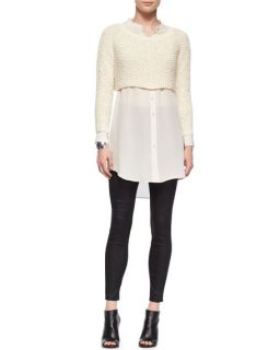 Eileen Fisher Fisher Project Textured Crop Top, Long Sleeve Silk Tunic/Shirt & Coated Stretch Denim Leggings