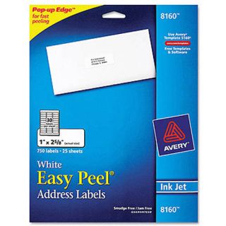 Avery 8160 Easy Peel White Address Labels for Inkjet Printers, 1" x 2 5/8", 750 Labels/Pack
