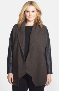 Eileen Fisher Shawl Collar Leather Sleeve Wool Jacket (Plus Size)