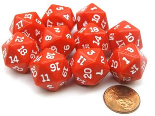 Set of 10 Twenty Sided 19mm D20 Opaque RPG Dice   Red with White Numbers Die