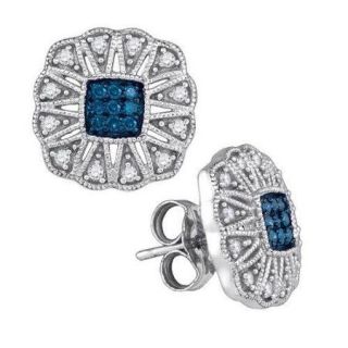 10K White Gold 0.25ctw Elegant Blue Pave Diamond Classic Flower Fashion Earring