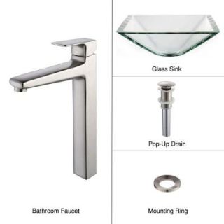 KRAUS Vessel Sink in Clear Glass Aquamarine with Virtus Faucet in Brushed Nickel C GVS 901  15500BN