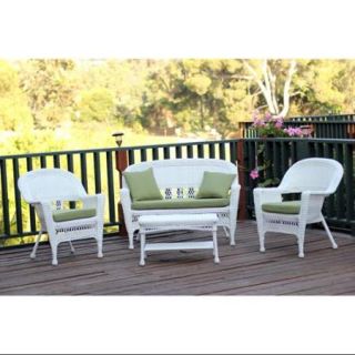 4 Piece Ryder White Wicker Patio Chair, Loveseat & Table Furniture Set   Green Cushions