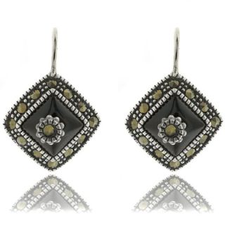 Dolce Giavonna Sterling Silver Black Onyx and Marcasite Drop Earrings