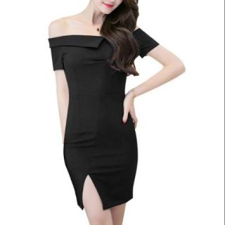 Allegra K Women's Fold Over Upper Off Shoulder Split Hem Wiggle Dress Black (Size M / 8)