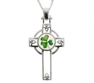 Sterling Silver Celtic Cross and Shamrock Pendant with 18 inch Chain   J01628 —