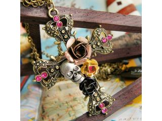 Fashion vInTage cross With Rose and skull pendant With ChaIn