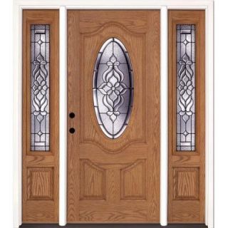 Feather River Doors 67.5 in. x 81.625 in. Lakewood Patina 3/4 Oval Lite Stained Light Oak Fiberglass Prehung Front Door with Sidelites 723391 3B3