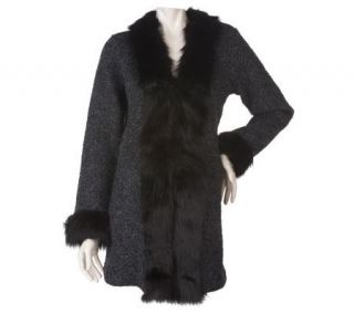 Dennis Basso Wool Blend Sweater Coat with Faux Fur Trim Detail —