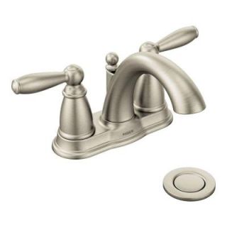 MOEN Brantford 4 in. Centerset 2 Handle Low Arc Bathroom Faucet in Brushed Nickel with Metal Drain Assembly 6610BN