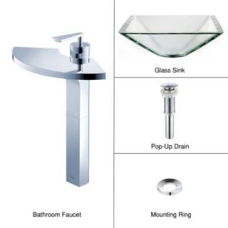 KRAUS Vessel Sink in Clear Glass Aquamarine with Fantasia Faucet in Chrome DISCONTINUED C GVS 901  14800CH