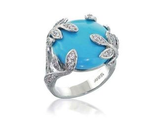 Bling Jewelry Simulated Turquoise CZ Leaves Cocktail Ring Rhodium Plated