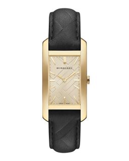 Burberry 25mm Golden Rectangle Watch with Leather Check Strap