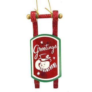 Greetings Retro Sled Glitter Christmas Ornament 4"