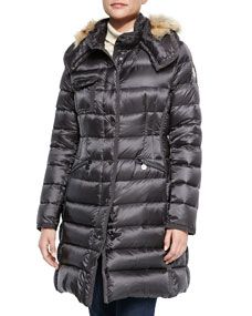 Moncler Hermico Puffer Coat with Fur Trim, Charcoal