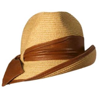 Luxury Divas Tan & Brown Slanted Brim Fedora Hat With Leather Bow