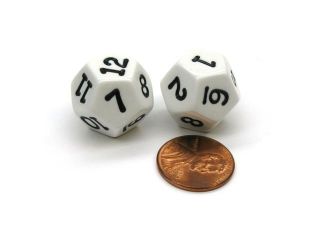Set of 2 D12 12 Sided 18mm Opaque RPG Dice   White with Black Numbers