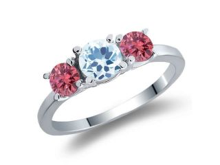1.24 Ct Round Sky Blue Topaz Pink Diamond 925 Sterling Silver 3 Stone Ring