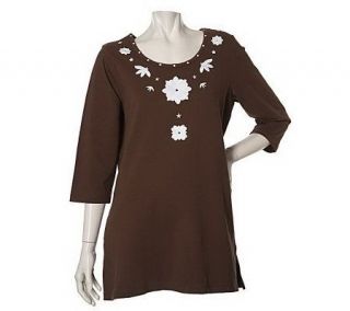 Susan Graver Stretch Knit Embroidered 3/4 Sleeve Tunic —