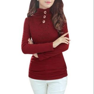 Allegra K Women's Turtleneck Beaded Long Sleeves Soft Lining Tunic Mesh Tops Red (Size M / 8)