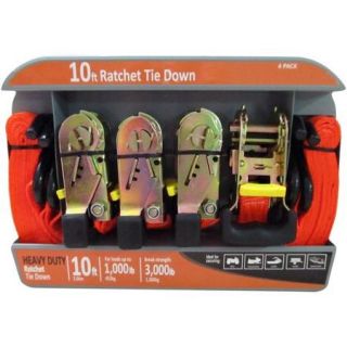 10' Ratchet Tie Down, Orange, 3000 lbs, 4 Pack