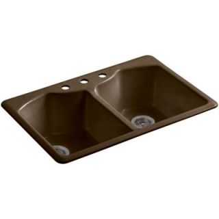KOHLER Bellegrove Top Mount Cast Iron 33 in. 3 Hole Double Bowl Kitchen Sink with Accessories in Black 'n Tan K 6482 3A4 KA
