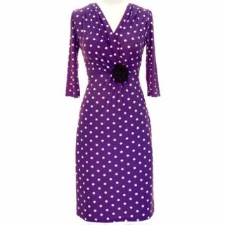 Purple & White Long Sleeve Polka Dot Below The Knee Dress Size Medium