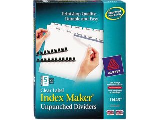 Avery 11443 Index Maker Clear Label Unpunched Divider, 5 Tab, Letter, White, 25 Sets