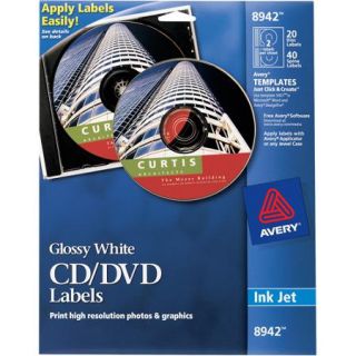 Avery Glossy White CD Labels for Inkjet Printers 8942, 20 Disc Labels and 40 Spine Labels