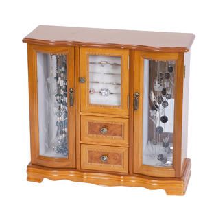 Mele & Co. Lyra Glass Door Jewelry box in Burlwood Oak Finish