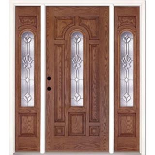 Feather River Doors 67.5 in. x 81.625 in. Medina Zinc Center Arch Lite Stained Medium Oak Fiberglass Prehung Front Door with Sidelites 332491 3B5