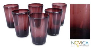 Set of Six Handmade Tall Amethyst Glass Tumblers (Made in Mexico