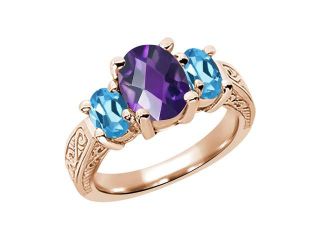2.70 Ct Oval Checkerboard Purple Amethyst Swiss Blue Topaz 14K Rose Gold 3 Stone Ring