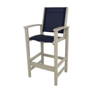 POLYWOOD Sand/Navy Blue Sling Coastal Patio Bar Chair 9012 SA902