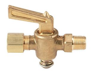 A 312 Shut off valve, brass, 1/8" NPT to 1/4" metal tubing.