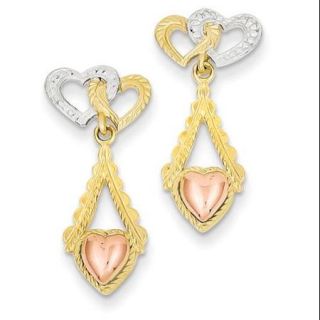 14k Two Tone Gold & Rhodium Heart Dangle Post Earrings (0.9IN x 0.4IN )
