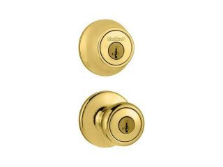 Kwikset 690 Tylo Entry Knob and Single Cylinder Deadbolt Combo Pack featuring SmartKey in Polished Brass