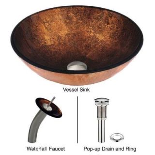 Vigo Glass Vessel Sink in Russet with Waterfall Faucet Set in Brushed Nickel VGT007BNRND