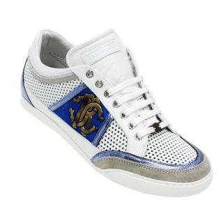 Roberto Cavalli Mens White and Blue Leather Sneakers  