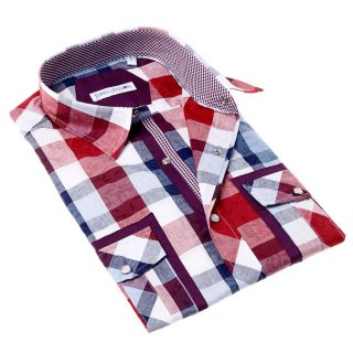 John Lennon Mens Red and Blue Plaid Button up Sport Shirt  