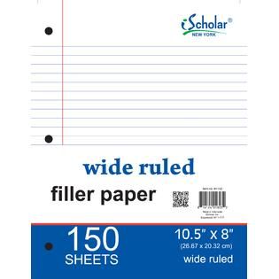 Wide Ruled Filler Paper White 150 count sheets 10.5 in x 8 in