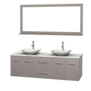 Wyndham Collection Centra 72 in. Double Vanity in Gray Oak with Marble Vanity Top in Carrara White, Marble Sinks and 70 in. Mirror WCVW00972DGOCMGS6M70