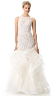 Theia Embroidered Lace Cascading Ruffle Gown
