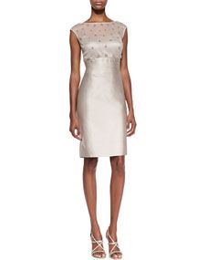 Kay Unger New York Cap Sleeve Mesh & Sequin Top Cocktail Dress, Champagne