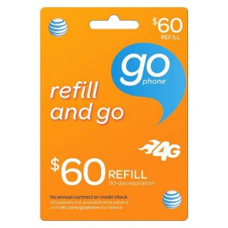 AT&T GoPhone $60 Pre paid Cell Phone Refill Card