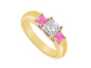 Three Stone Diamond and Pink Sapphire Ring 14K Yellow Gold 0.33 CT TGW