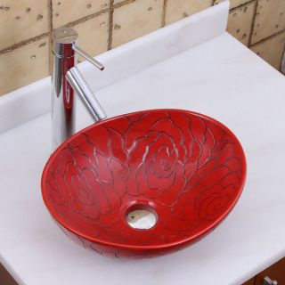 Elite 1557+2659 Oval Red Rose Porcelain Ceramic Bathroom Vessel Sink